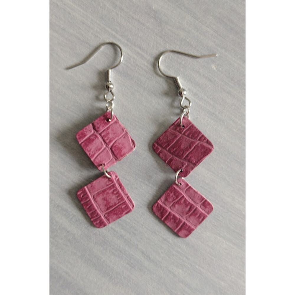 Handmade Lightweight Genuine Textured Leather Earrings, Double Box Dangles, Pink